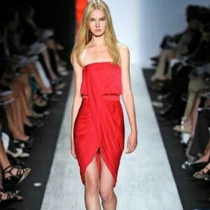 BCBGmaxazria Runway Rose Red Knit Strapless Jersey High Low Drape Dress …